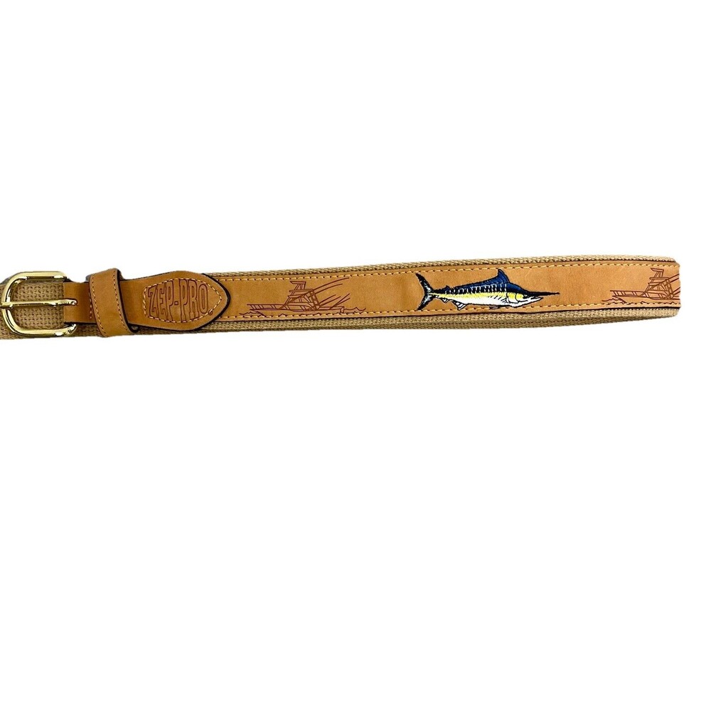 Zep-Pro Men’s Tan Leather Canvas Embroidered Marlin Belt Sz. 34